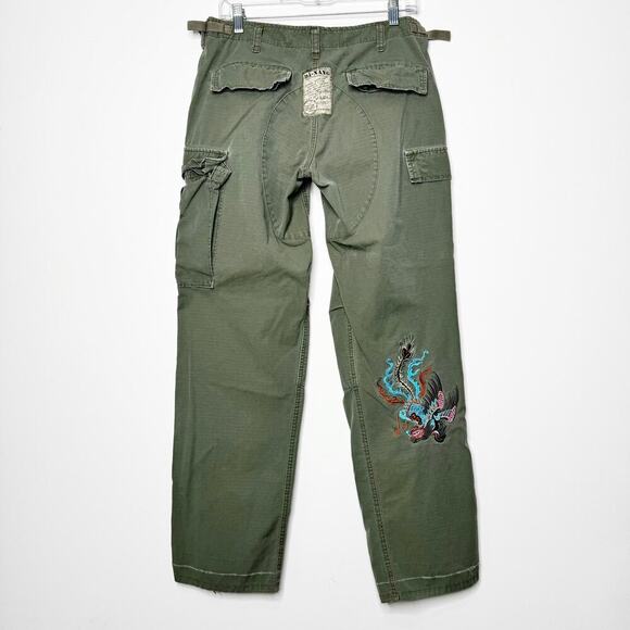 DA-NANG Cargo Dragon Floral Embroidered Pants Green Y2K Low Rise Small - Picture 7 of 11